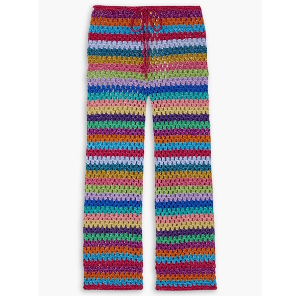 New ROSE CARMINE Metallic Striped Crochet-knit Slim-leg Pants In Pink Size 1 - Picture 3 of 4